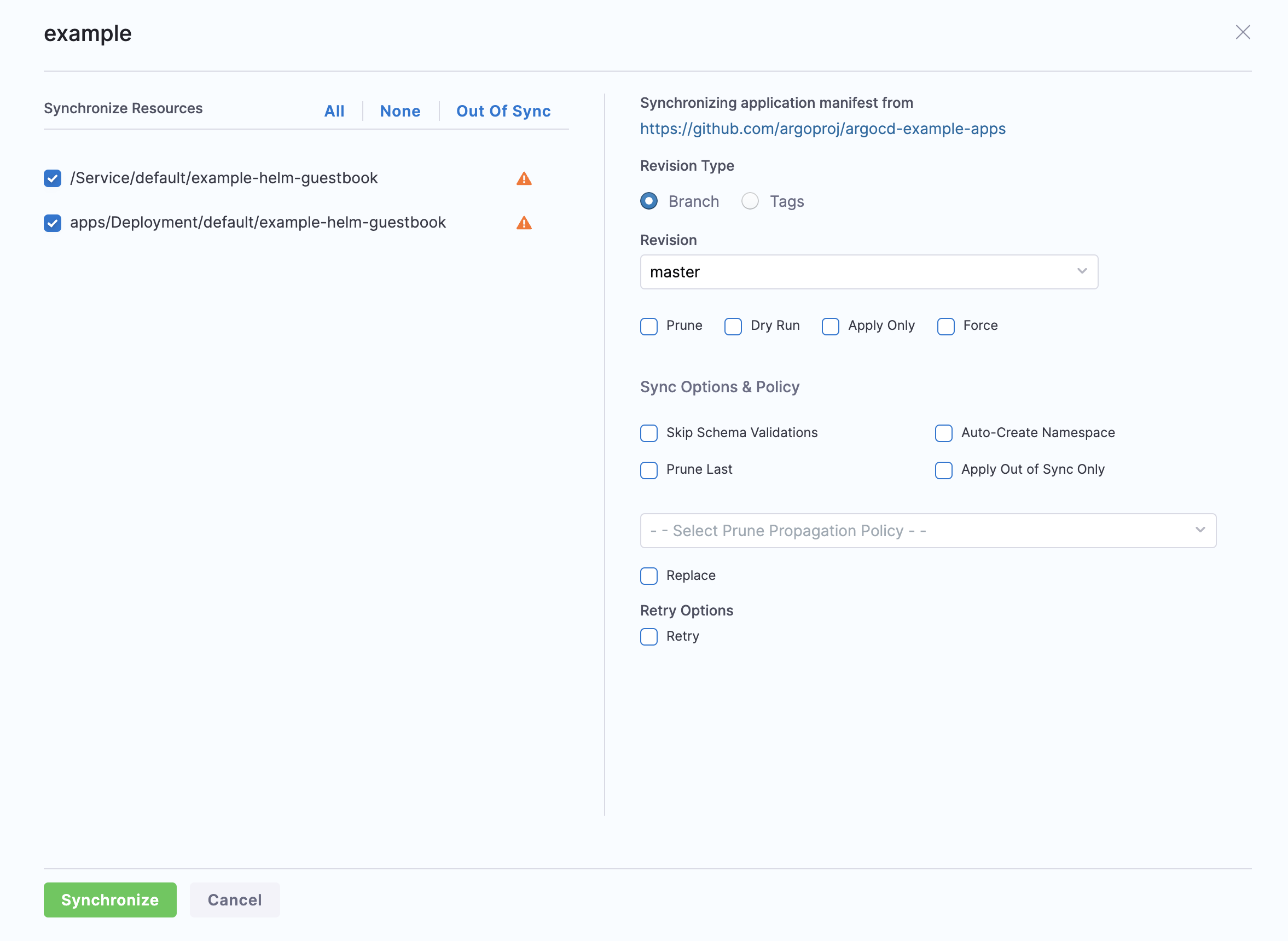 Screenshot showing the Synchronize settings wizard with sync policy options like Skip Schema Validation, Auto Create Namespace, and Prune Last